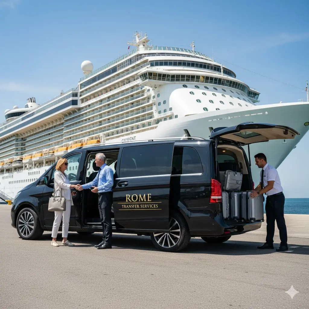 Luxury Mercedes Van for private transfer at Civitavecchia Port pier-side for Celebrity Ascent passengers.